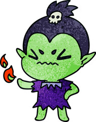 freehand drawn textured cartoon of cute kawaii vampire girl