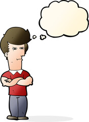 cartoon man with folded arms with thought bubble