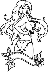 tattoo in black line style of a pinup viking girl with banner