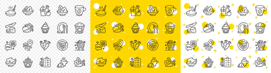 Salad with arugula, Cook meal and Diet menu set. Healthy food line icons. Crepe, popcorn food and porridge line icons. Healthy carrots vegetable, fast food delivery and Kcal menu. Vector