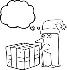 freehand drawn thought bubble cartoon christmas penguin with present