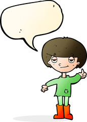 cartoon boy in poor clothing giving thumbs up symbol with speech bubble