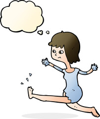 cartoon happy woman kicking with thought bubble