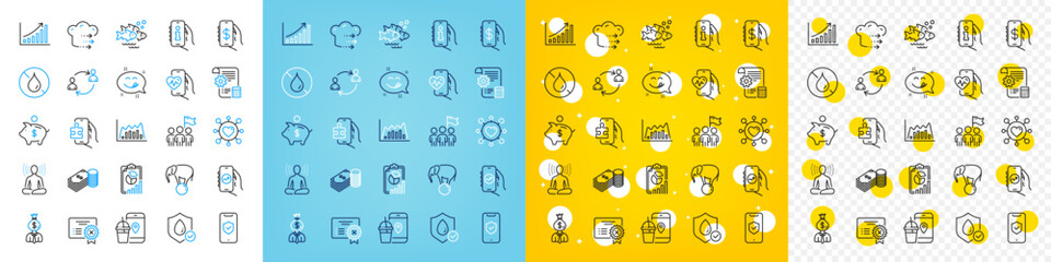 Vector icons set of Money app, Financial app and Savings line icons pack for web with Waterproof, Infographic graph, Manager outline icon. Yoga, Settings blueprint, No waterproof pictogram. Vector