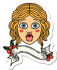 tattoo style sticker with banner of female face sticking out tongue