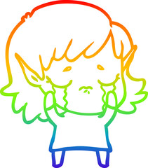 rainbow gradient line drawing of a cartoon crying elf girl