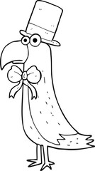 freehand drawn black and white cartoon posh parrot