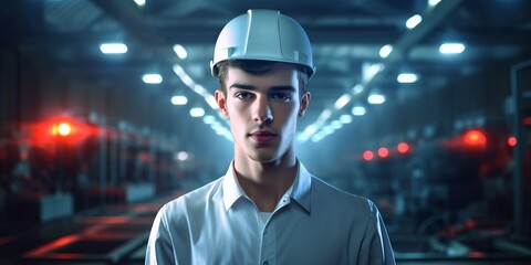 Young engineer on the factory. In hard hat. Beautiful illustration picture. Generative AI