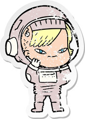 distressed sticker of a cartoon astronaut woman