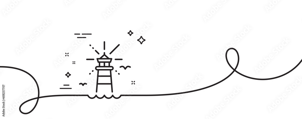 Poster lighthouse line icon. continuous one line with curl. beacon tower sign. searchlight building symbol.