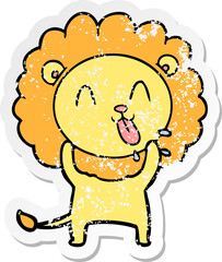 distressed sticker of a happy cartoon lion