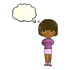 cartoon woman with folded arms with thought bubble