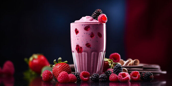 Himbeer Smoothie lecker im Glas mit Fr&uuml;chten dekoriert, ai generativ