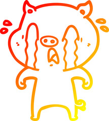 warm gradient line drawing of a crying pig cartoon