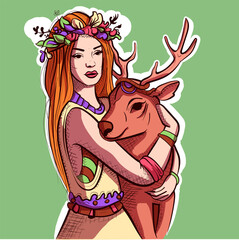 Digital art of a hippie woman with flowers on her hair holding a wild deer. Vector of a boho girl hugging a reindeer.
