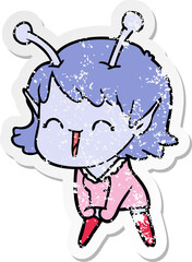 distressed sticker of a cartoon alien girl laughing