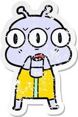 distressed sticker of a cartoon three eyed alien