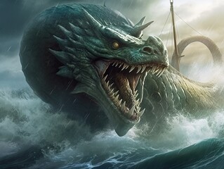 A large fairy-tale dragon attacks people from the depths of the ocean. The illustration was created by AI.