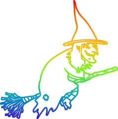 rainbow gradient line drawing of a cartoon witch on broom