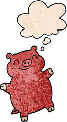 cartoon pig with thought bubble in grunge texture style