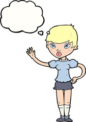 cartoon woman waving with thought bubble