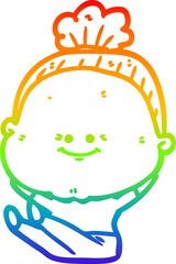 rainbow gradient line drawing of a cartoon happy old woman