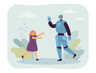 Robotic character greeting happy little girl vector illustration. Cartoon drawing of smiling child running towards comic robot or cyborg. Artificial intelligence, emotions, modern technology concept