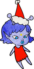 pretty hand drawn textured cartoon of a alien girl wearing santa hat