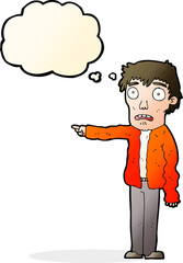 cartoon terrified man pointing with thought bubble