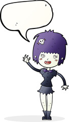cartoon waving vampire girl with speech bubble