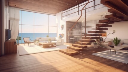 Fototapeta premium Bright living room in a house by the sea with a sofa, armchair and TV on the wall. Wooden staircase to the second floor. Panoramic windows with a beautiful view of the sea waves. Generative AI
