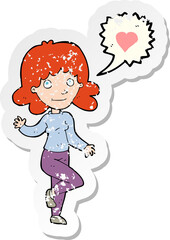retro distressed sticker of a cartoon woman in love
