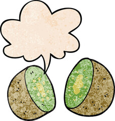 cartoon kiwi with speech bubble in retro texture style