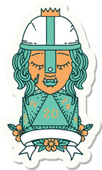 sticker of a half orc fighter with natural twenty dice roll