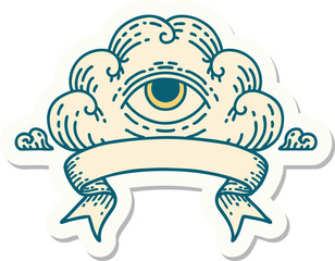 tattoo style sticker with banner of an all seeing eye cloud