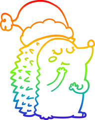 rainbow gradient line drawing of a cartoon hedgehog wearing christmas hat