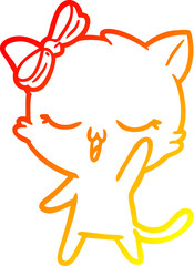 warm gradient line drawing of a cartoon cat with bow on head waving