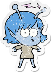 distressed sticker of a cartoon alien girl