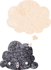 cartoon cloud with thought bubble in grunge distressed retro textured style