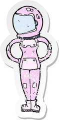 retro distressed sticker of a cartoon female astronaut