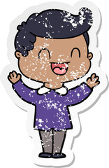 distressed sticker of a cartoon happy man