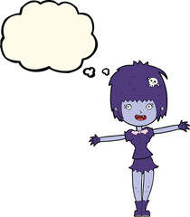cartoon happy vampire girl with thought bubble