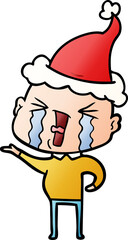 hand drawn gradient cartoon of a crying bald man wearing santa hat