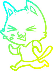 cold gradient line drawing of a cartoon running cat hissing