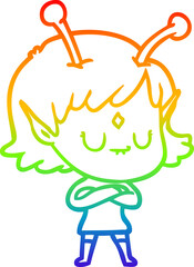 rainbow gradient line drawing of a cartoon alien girl