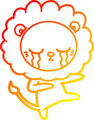 warm gradient line drawing of a crying cartoon lion