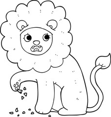freehand drawn black and white cartoon lion with thorn in foot