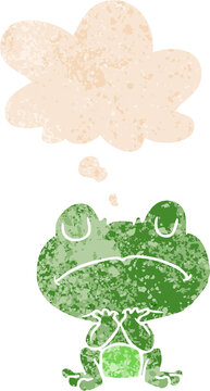 cartoon frog with thought bubble in grunge distressed retro textured style