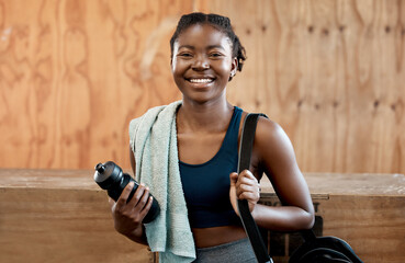 Happy black woman, portrait and fitness for workout, exercise or cardio training at the gym. Fit,...