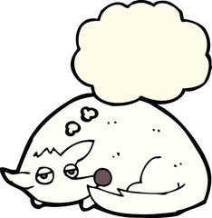 cartoon curled up dog with thought bubble